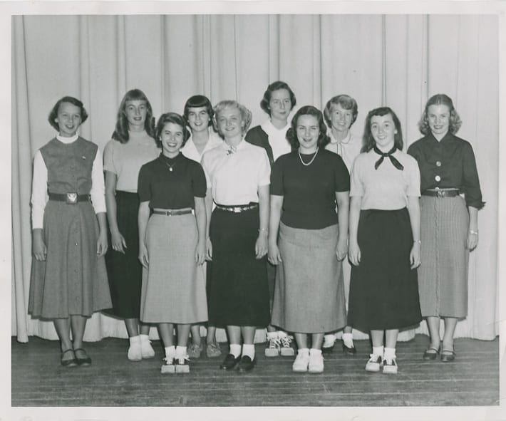  Front row (left to right) Casey Elliott, Criss Cass, Marie Saso, Bonnie Davis. Back row (left to right) Marilyn Slater, Liz Dahlstrom, Bobbie Herman, Diane Bringolf, Kay Estes, Verna Cagle, circa 1951-1955