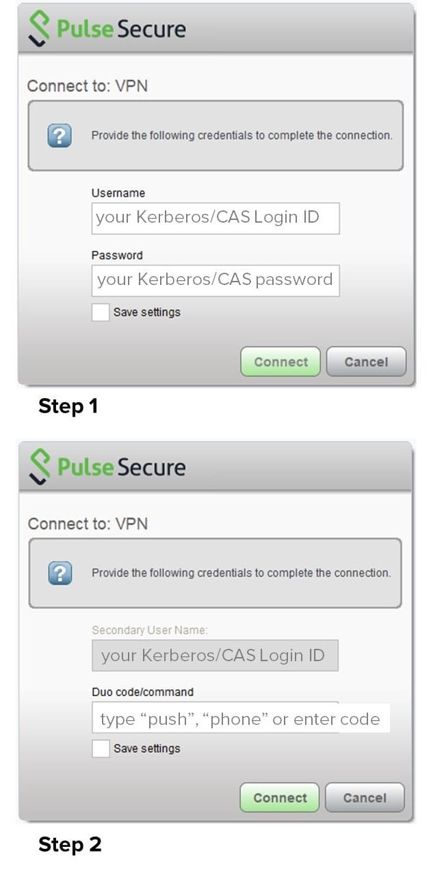 screenshots of two-step login process - campus username and password and then Duo