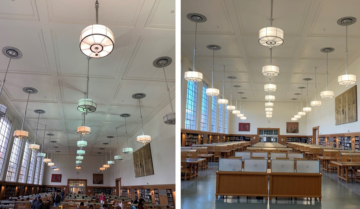 Before and after photos show improved lighting in Shields Library Main Reading Room