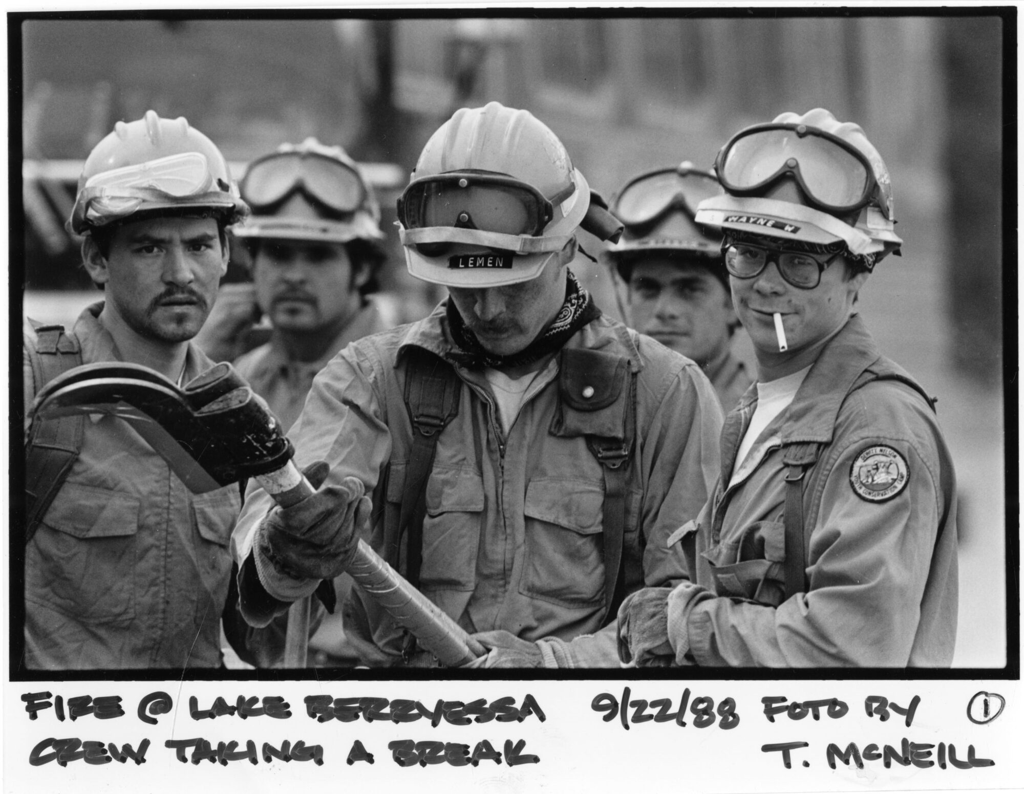 Fire crew taking a break at Lake Berryessa, 1988. Photo by T. McNeill. 