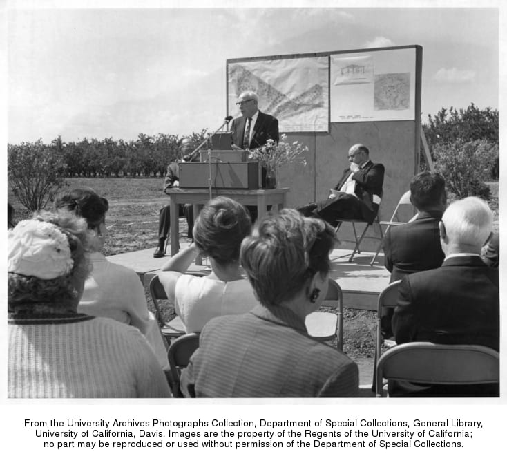 Dedication of the Carolee Shields Garden in the Arboretum, Knowles Ryerson at podium, Chancellor Emil Mrak, right, 1965 May 4.