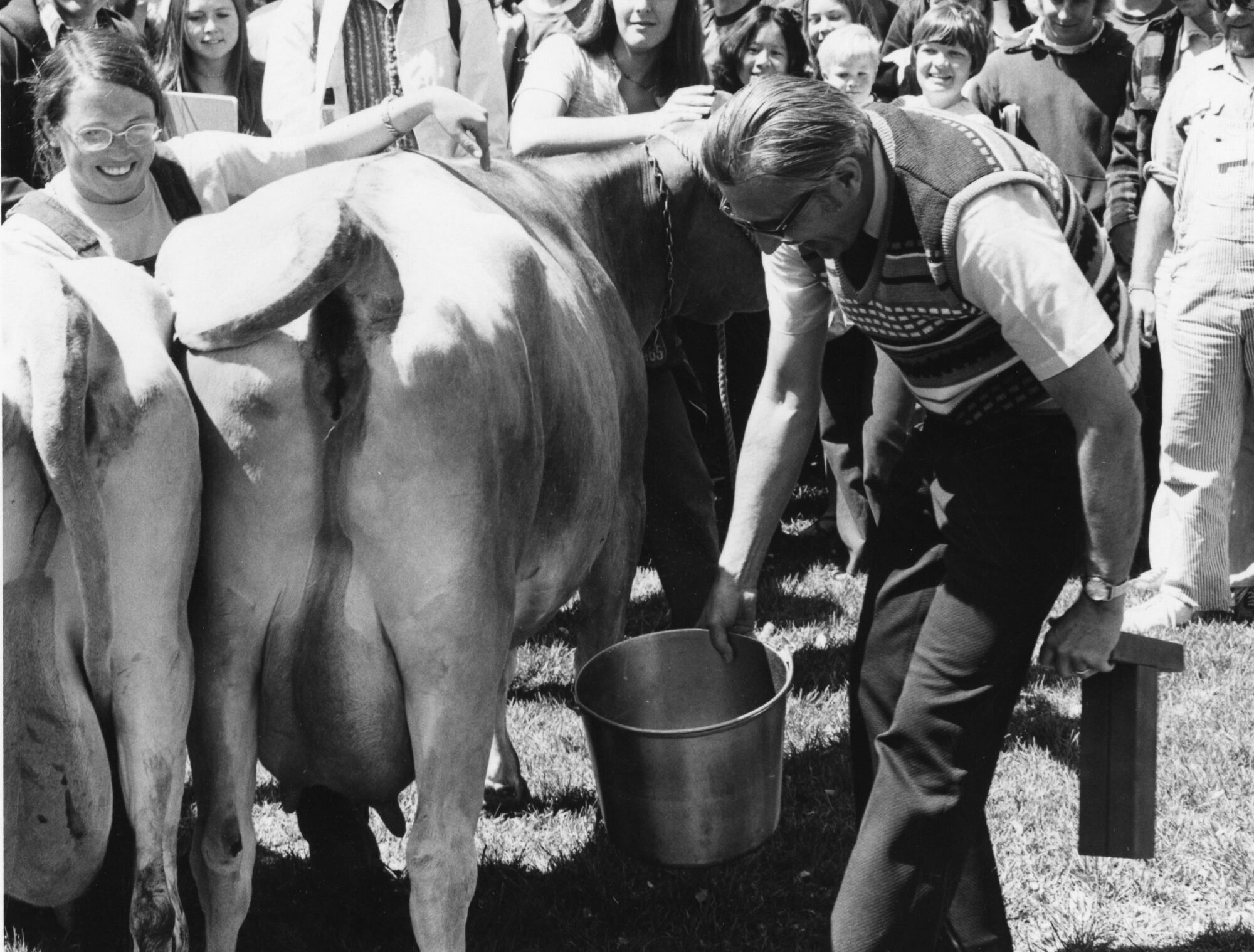 Man holding an aluminum bucket next to a cow
