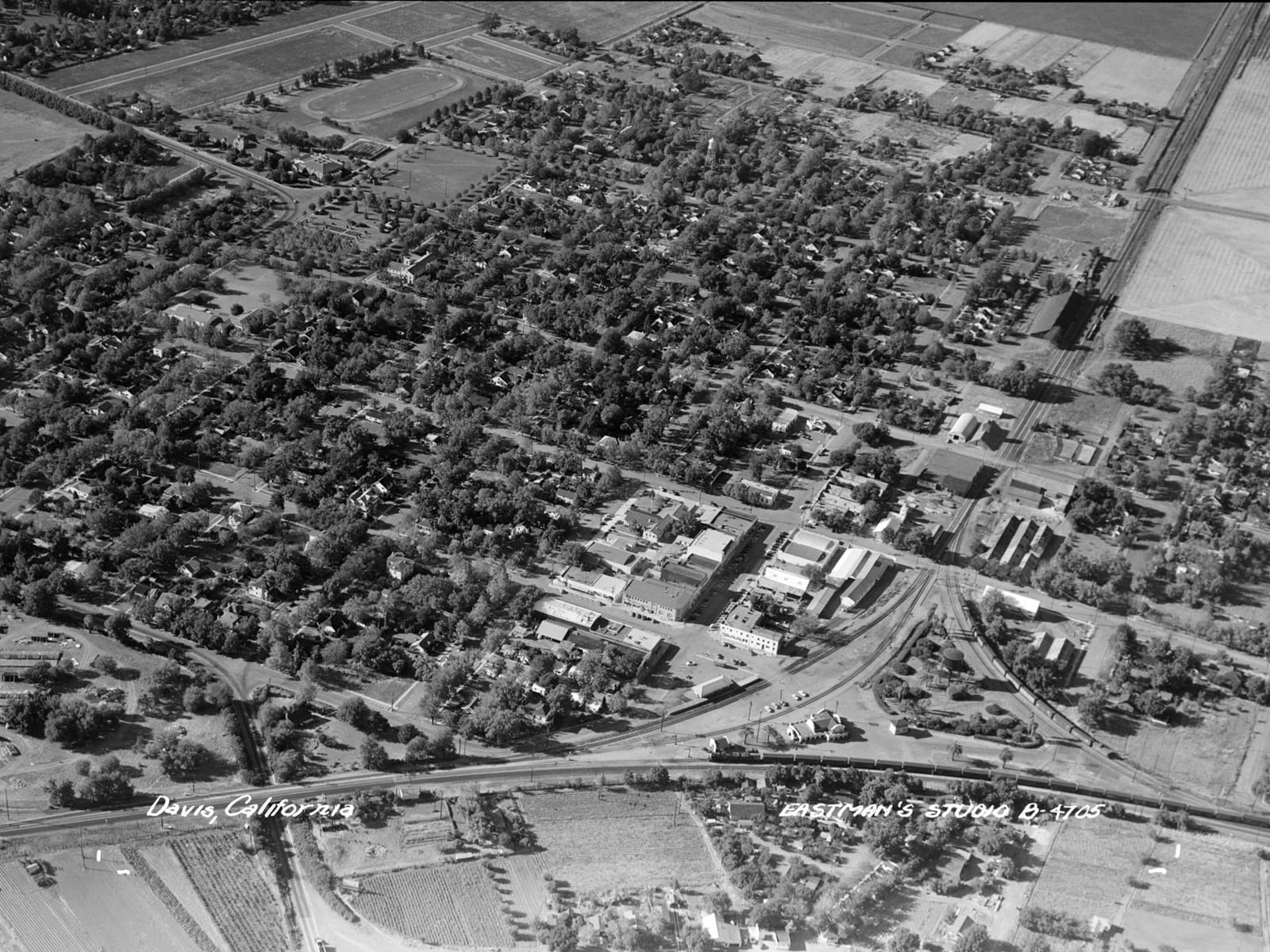 Aerial view of Davis, 1946. Note the railroad depot in the bottom right