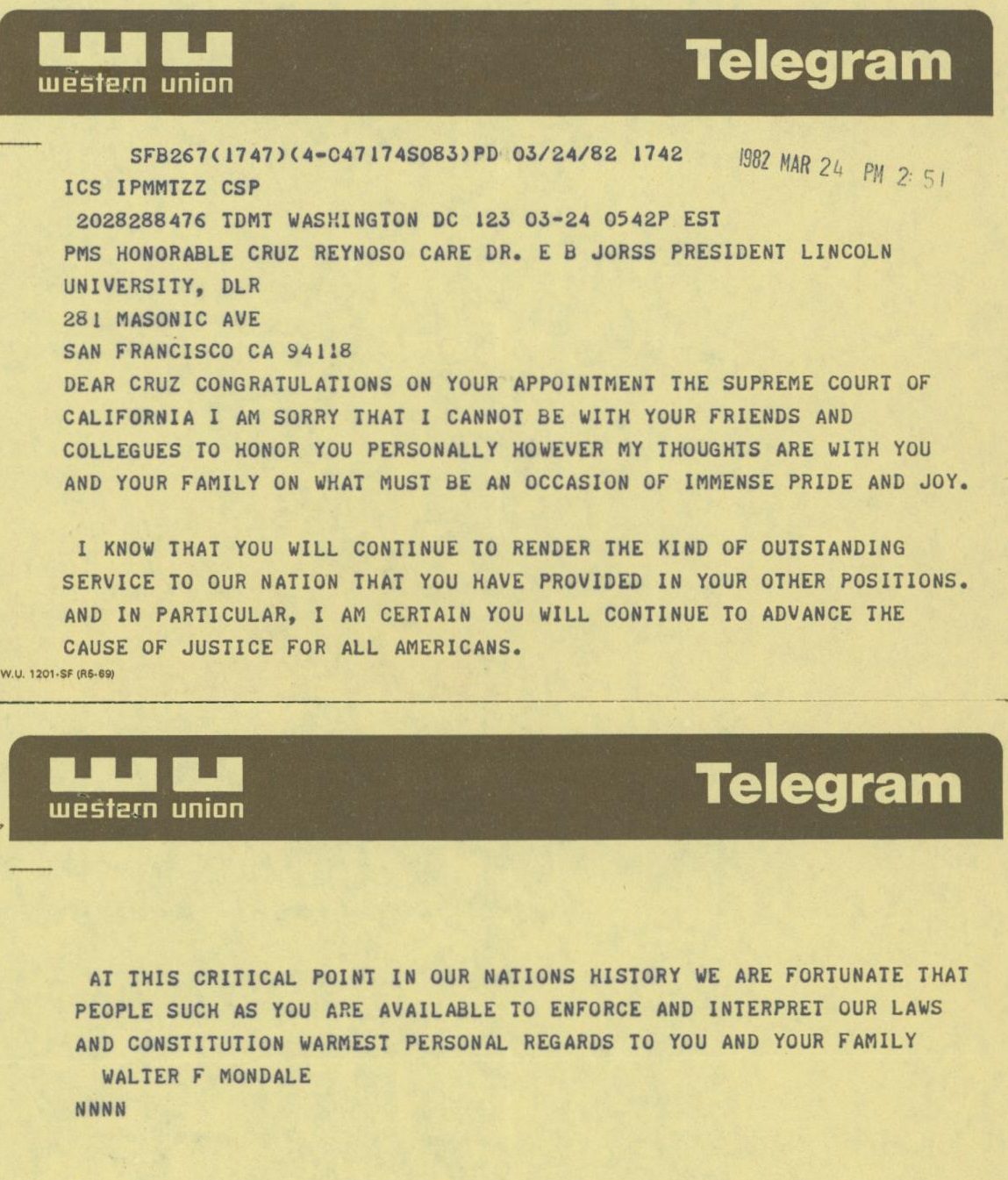 Congratulatory Telegram from Former Vice President Walter Mondale (1982)