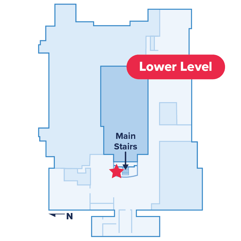 Shields Library lower level map with star next to starcase