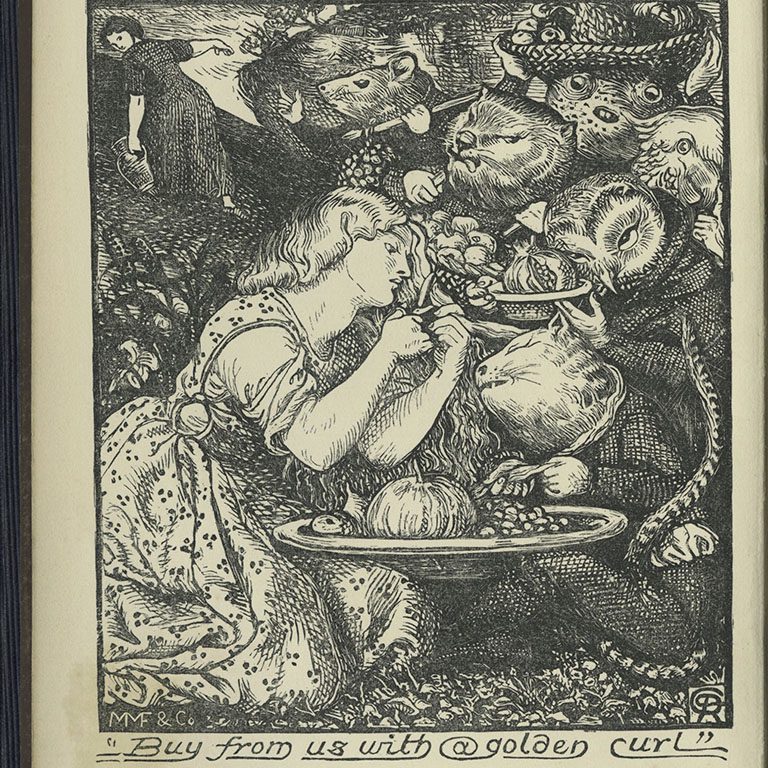 Illustrated scene from Goblin Market depicting Laura clipping her hair to buy the goblin's fruit.