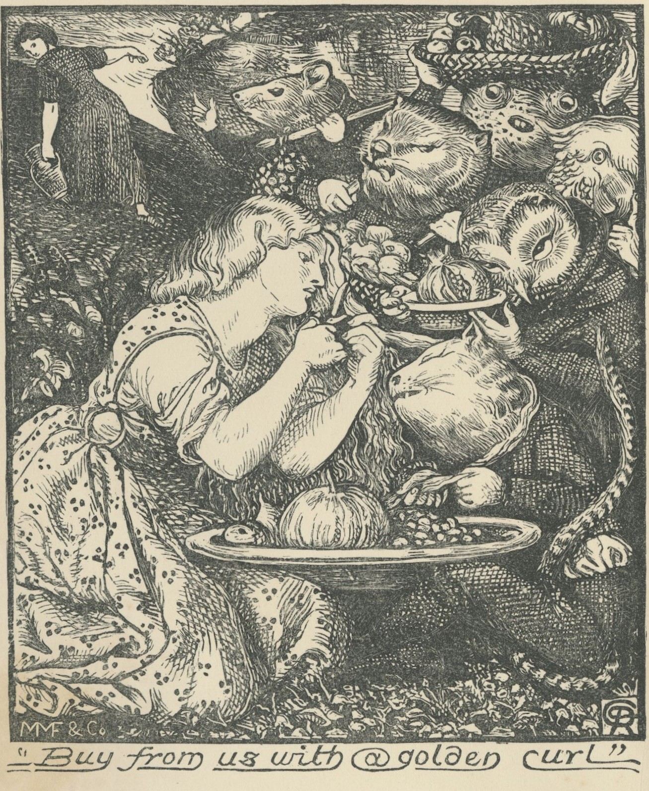 A woman poised to cut her hair surrounded by anthropomorphic animals (most likely goblins). Caption reads "Buy from us with a golden curl"