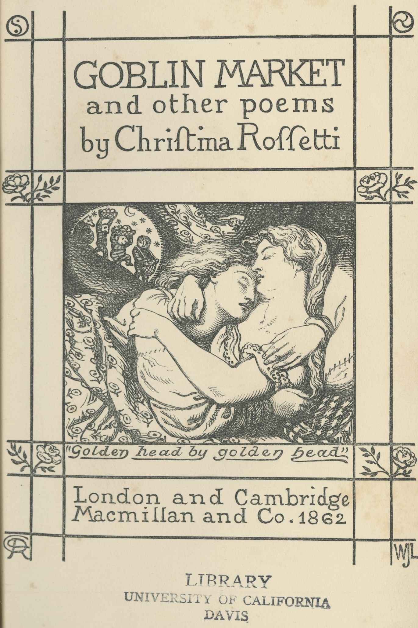 A cover page with an illustration of two young sisters embracing while sleeping. A bubble above them shows goblins with fruit baskets.