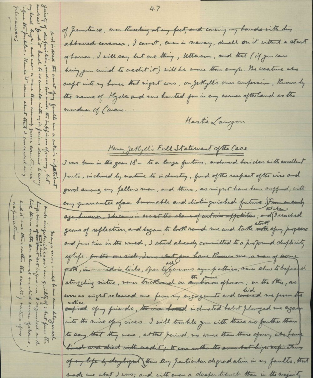 Script writing on lined paper with sections crossed out and notes written in the margins. The title reads "Henry Jekyll's First Statement of the Case."