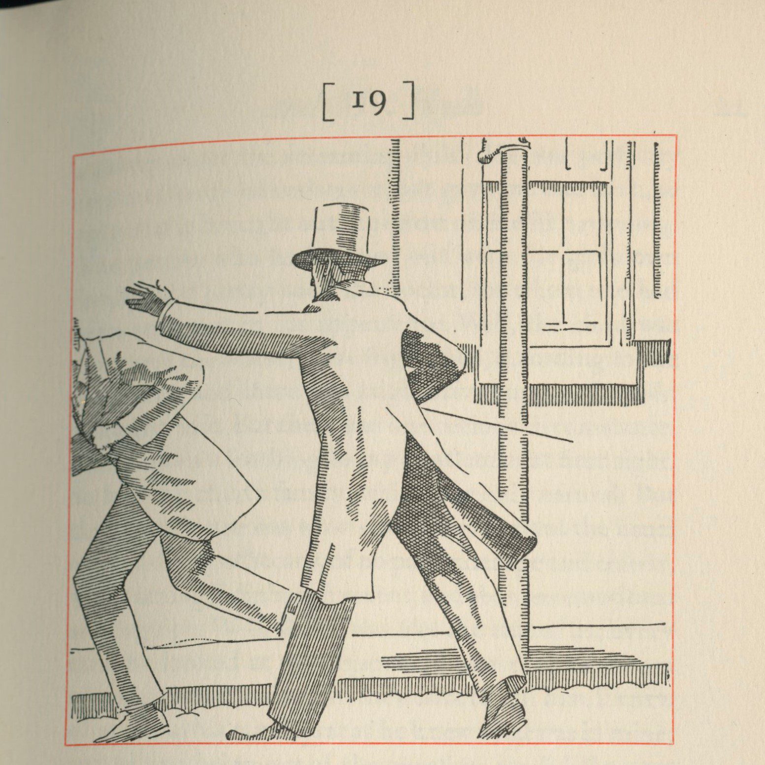 Illustration from Dr. Jekyll and Mr. Hyde depicting a well dressed man shoving another man.