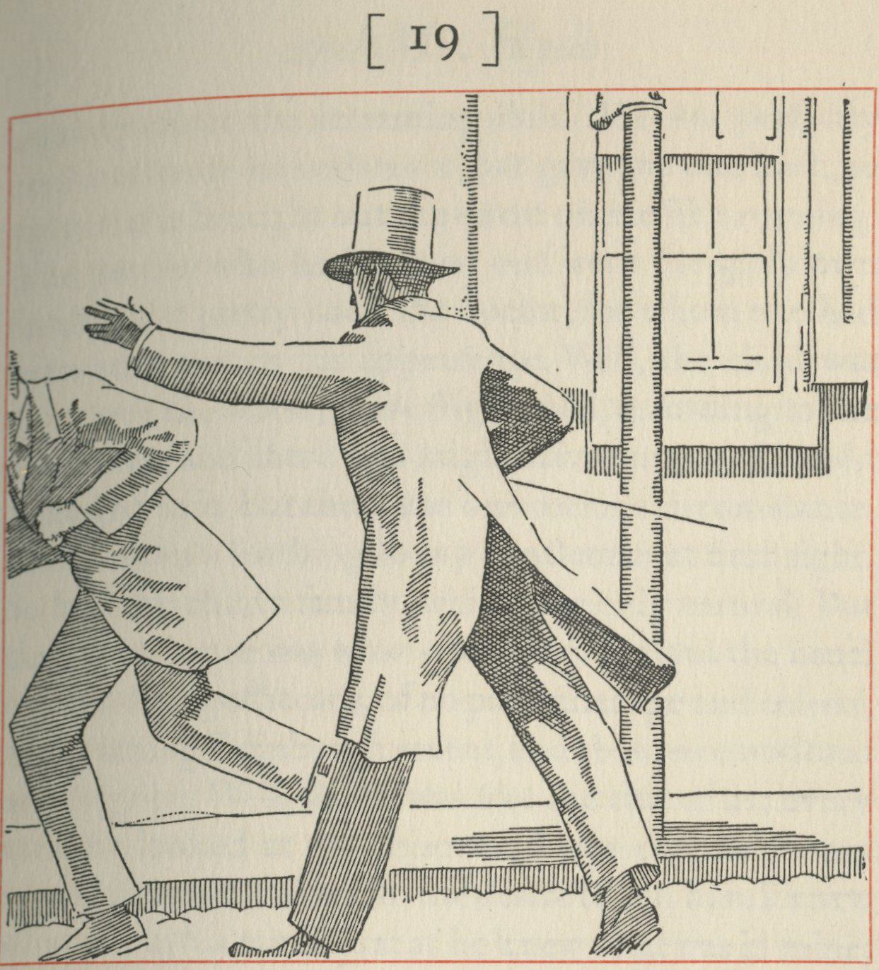 An illustration of a well-dressed man in a top hat shoving another man.