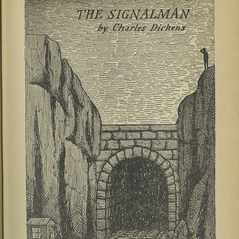 Illustration for The Signalman by Charles Dickens featuring a train track underpass tunnel.