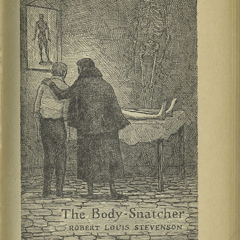 Illustration for The Body Snatcher by Robert Louis Stevenson featuring two gentlemen talking over a corpse.