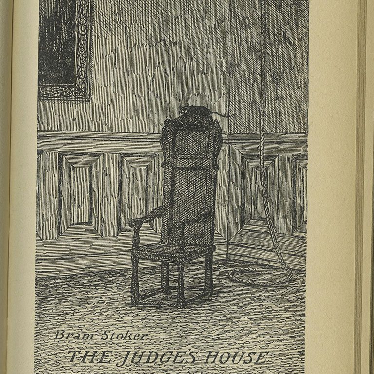 Illustration for "The Judge's House" by Bram Stoker featuring an empty chair with a black cat on it.