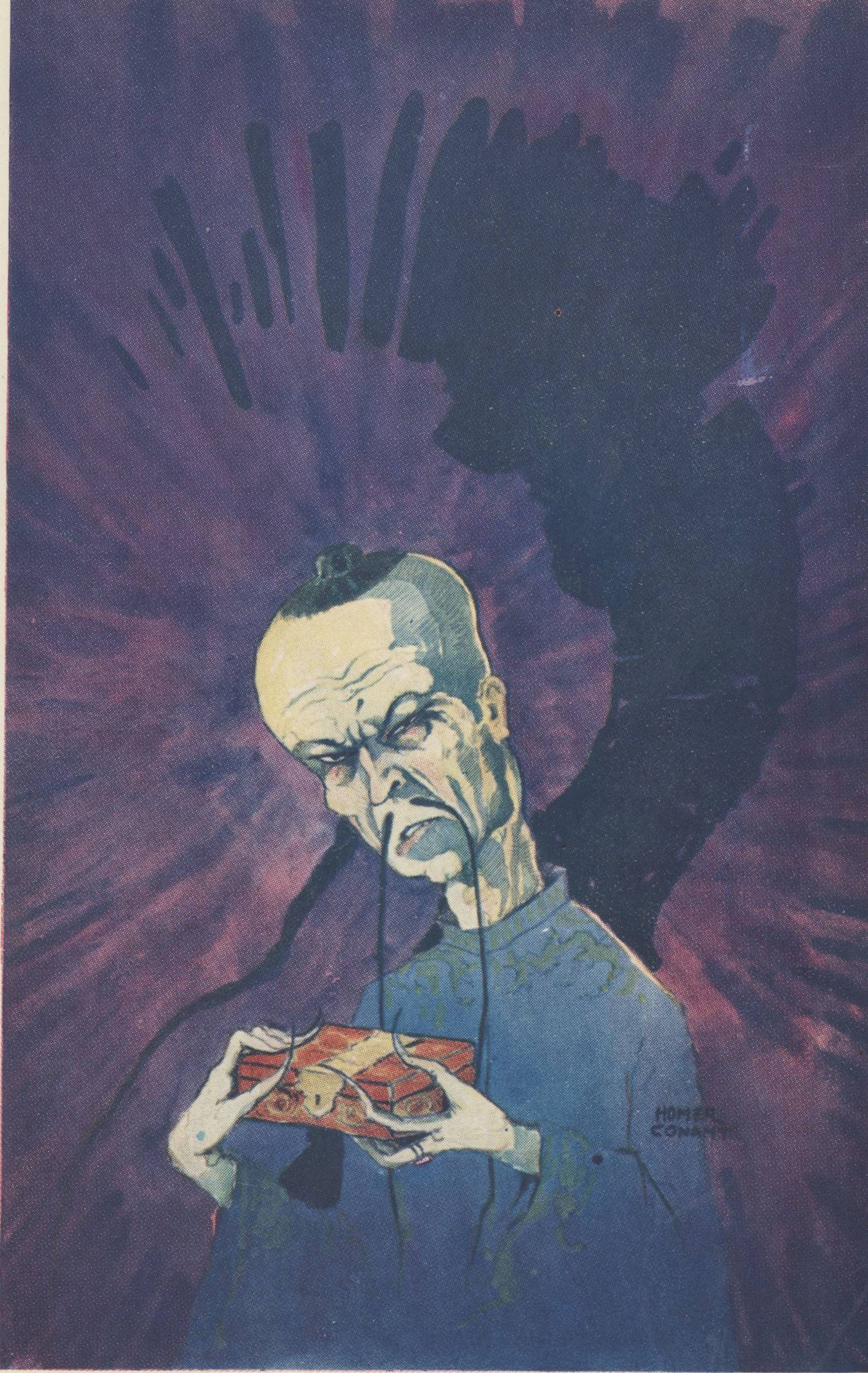A grotesque man holding a box.