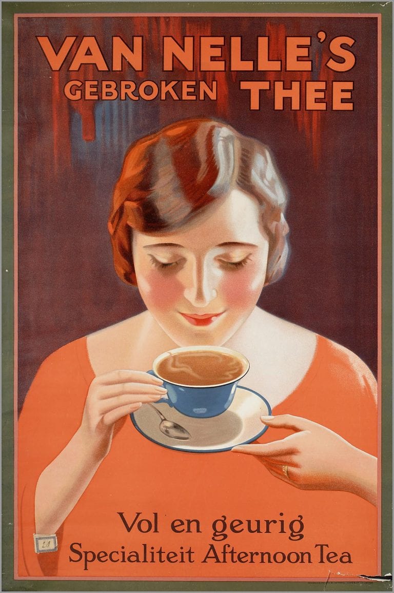 An illustrated ad for Van Nelle picturing a women drinking tea
