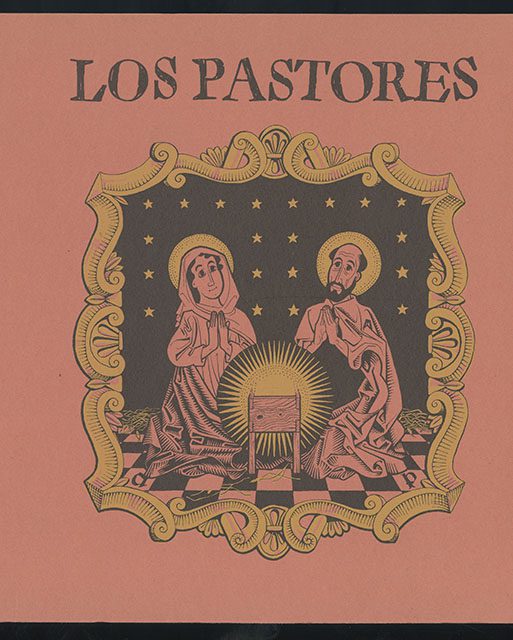 Front cover illustration of ecclesiastical scene for Los Pastores. c.1952