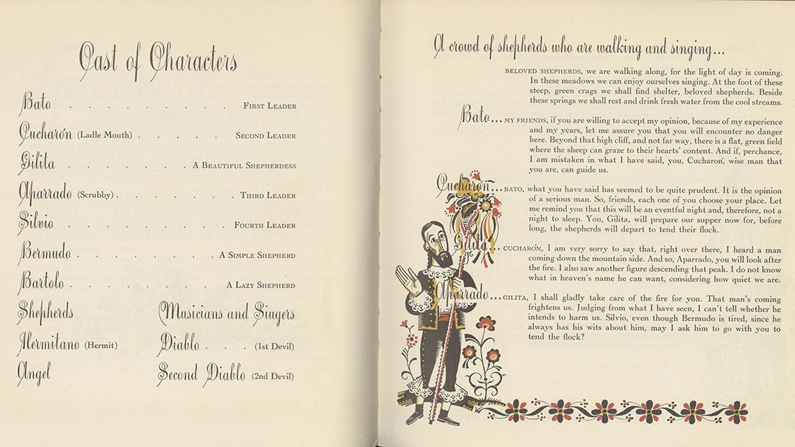 Character list and opening scene of Los Pastores pastorela as published by Homer H. Boelter. c 1952