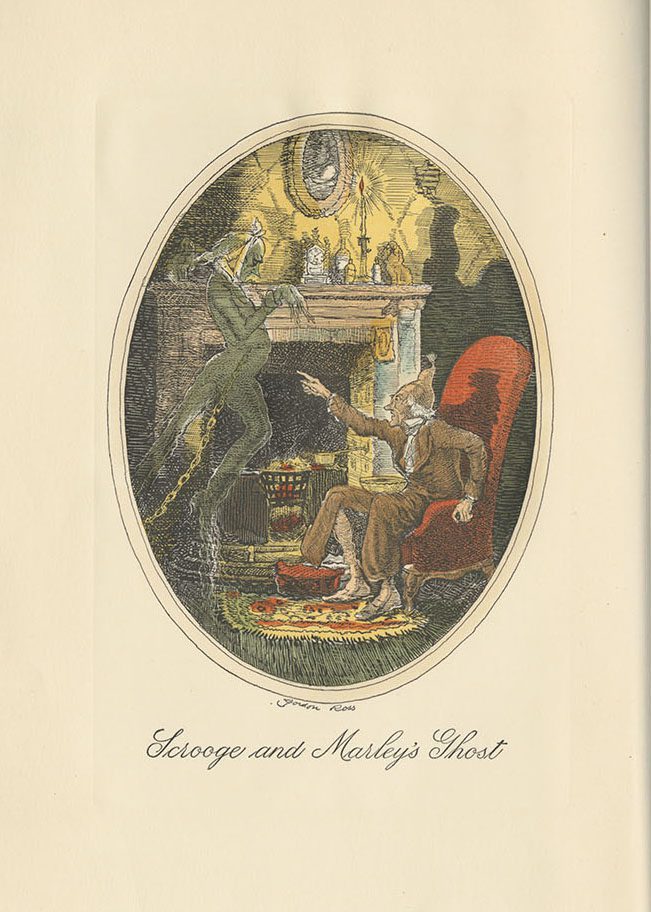 Illustration of Ebenezer Scrooge and Marley's ghost illustrated by Gordon Ross. 1934