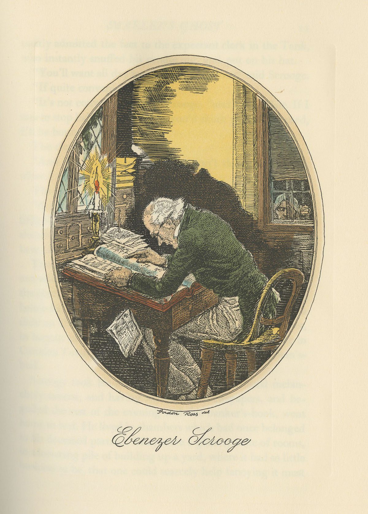 Illustration of Ebenezer Scrooge at his desk by Gordon Ross. 1934