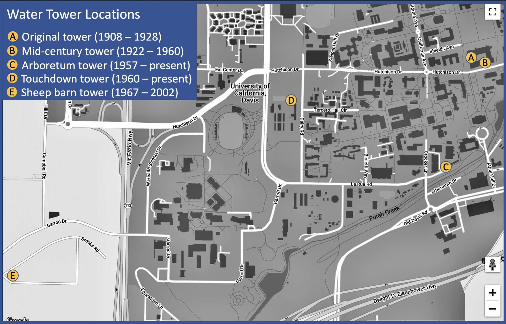 Map showing locations of UC Davis water towers