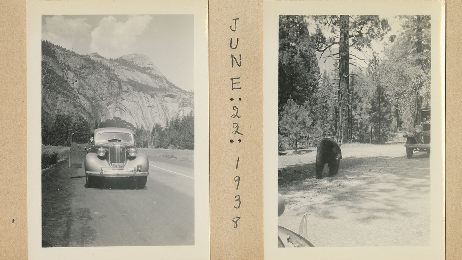 Two images (left picture: a car on the road; right picture a scene from the road) captioned June 22, 1938. MC318: 40