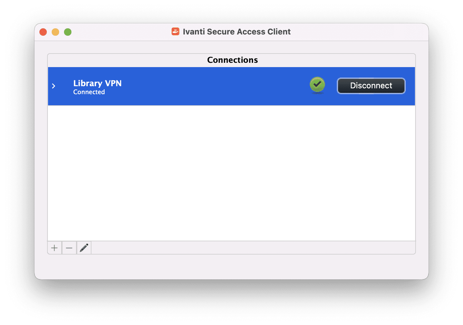 Ivanti Secure Access Client Connections list showing 'Library VPN' with status 'Connected' and a green checkmark.
