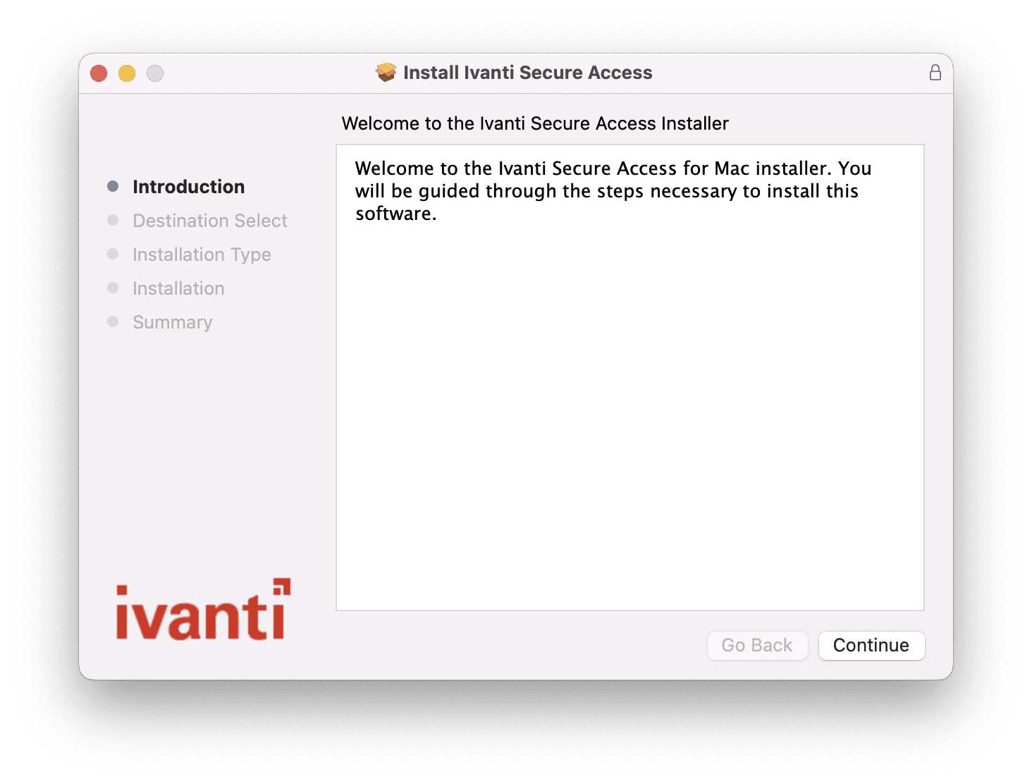 Ivanti Secure Access installer welcome screen with the Continue button at the bottom.