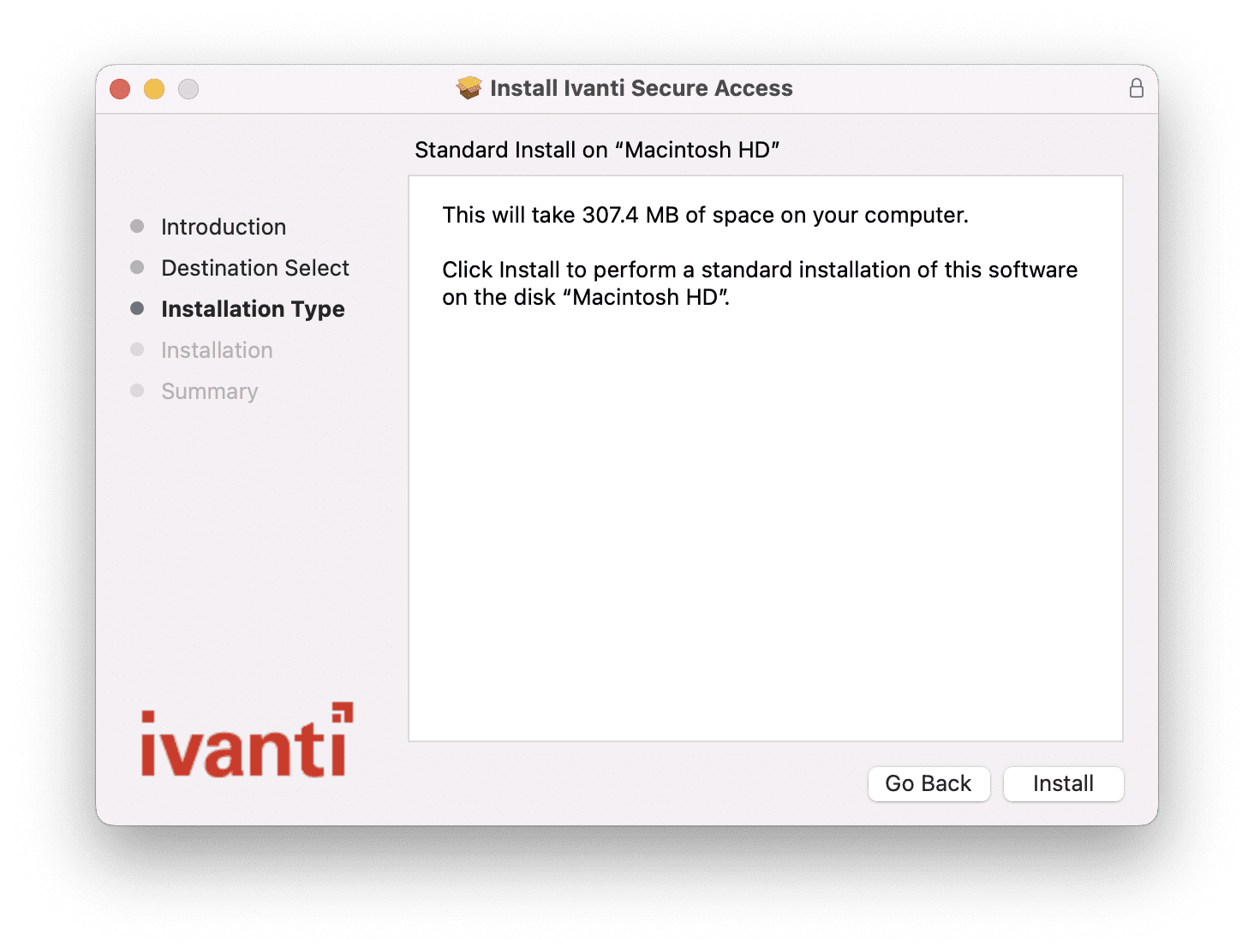 Ivanti Secure Access installer 'Standard Install on Macintosh HD' screen with the Install button at the bottom.
