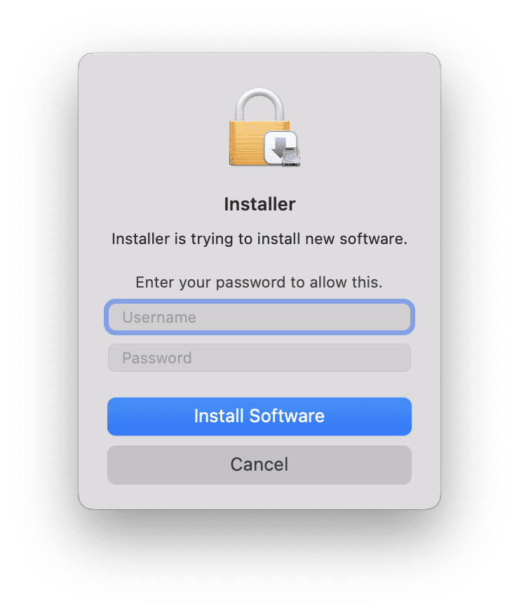 macOS Installer dialog saying 'Installer is trying to install new software. Enter your password to allow this.' with Username, Password fields and an Install Software button.