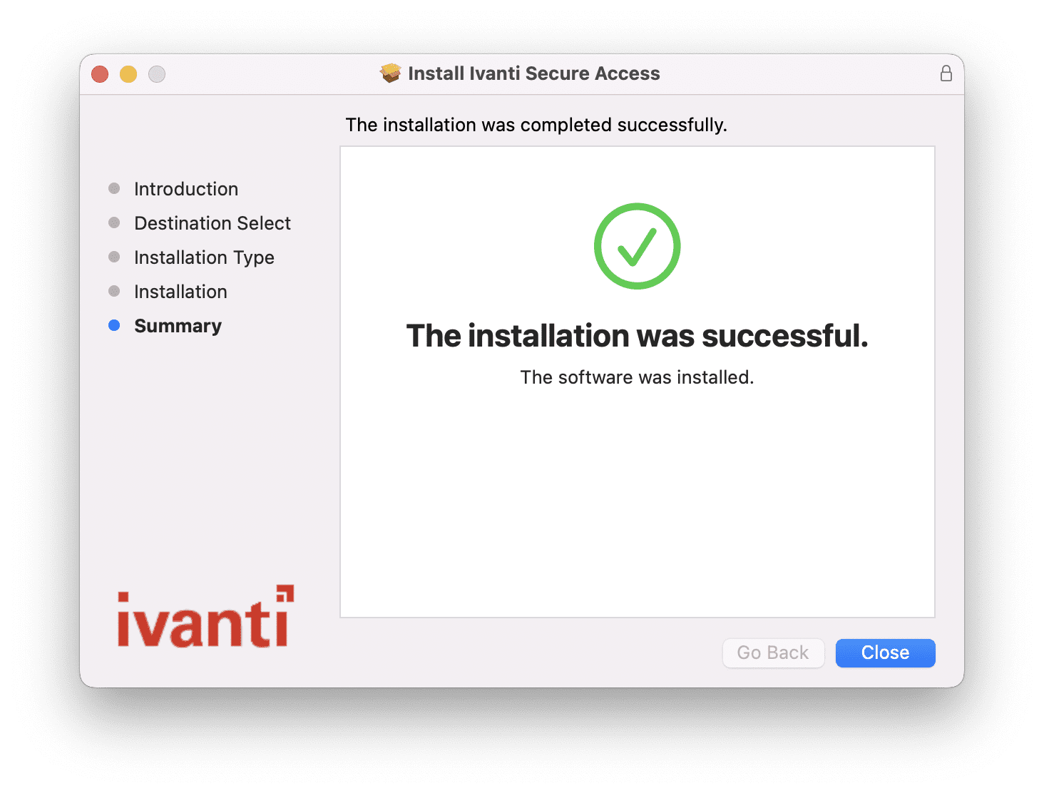 Installer Summary screen showing 'The installation was successful. The software was installed.' with a green checkmark and Close button.