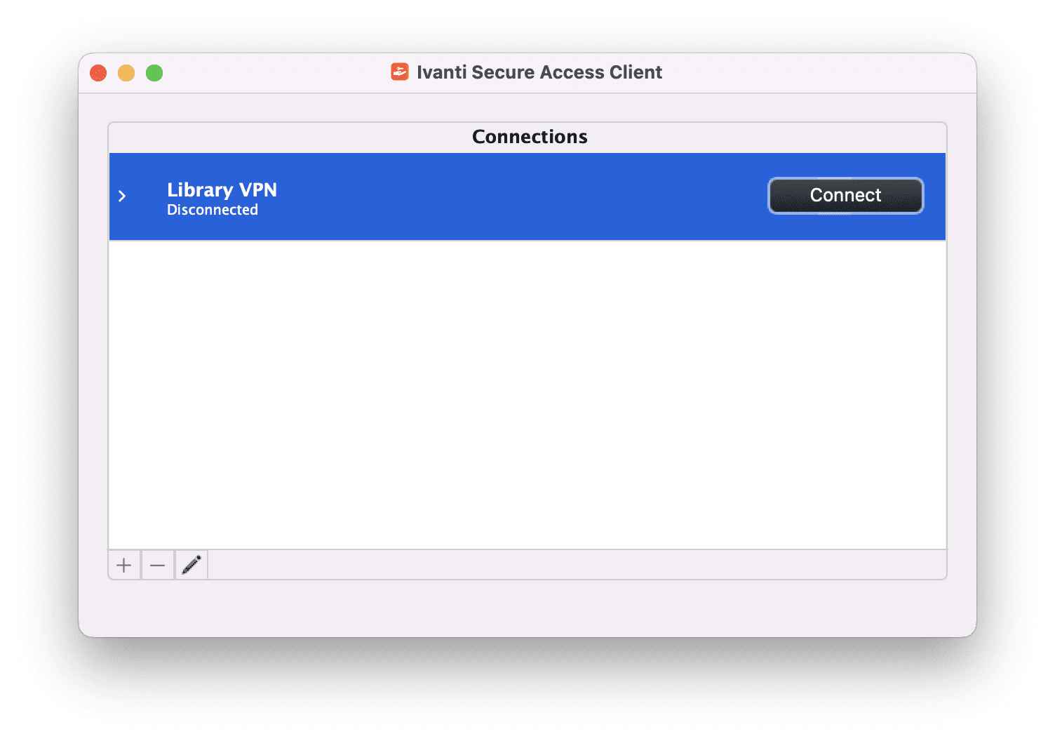 Ivanti Secure Access Client Connections list showing 'Library VPN' with status 'Disconnected' and a Connect button.