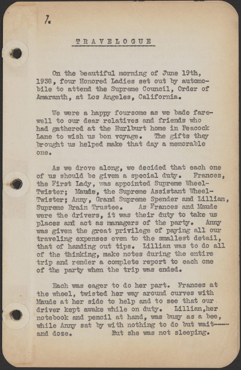 A scan of the first typed page in the travelogue.