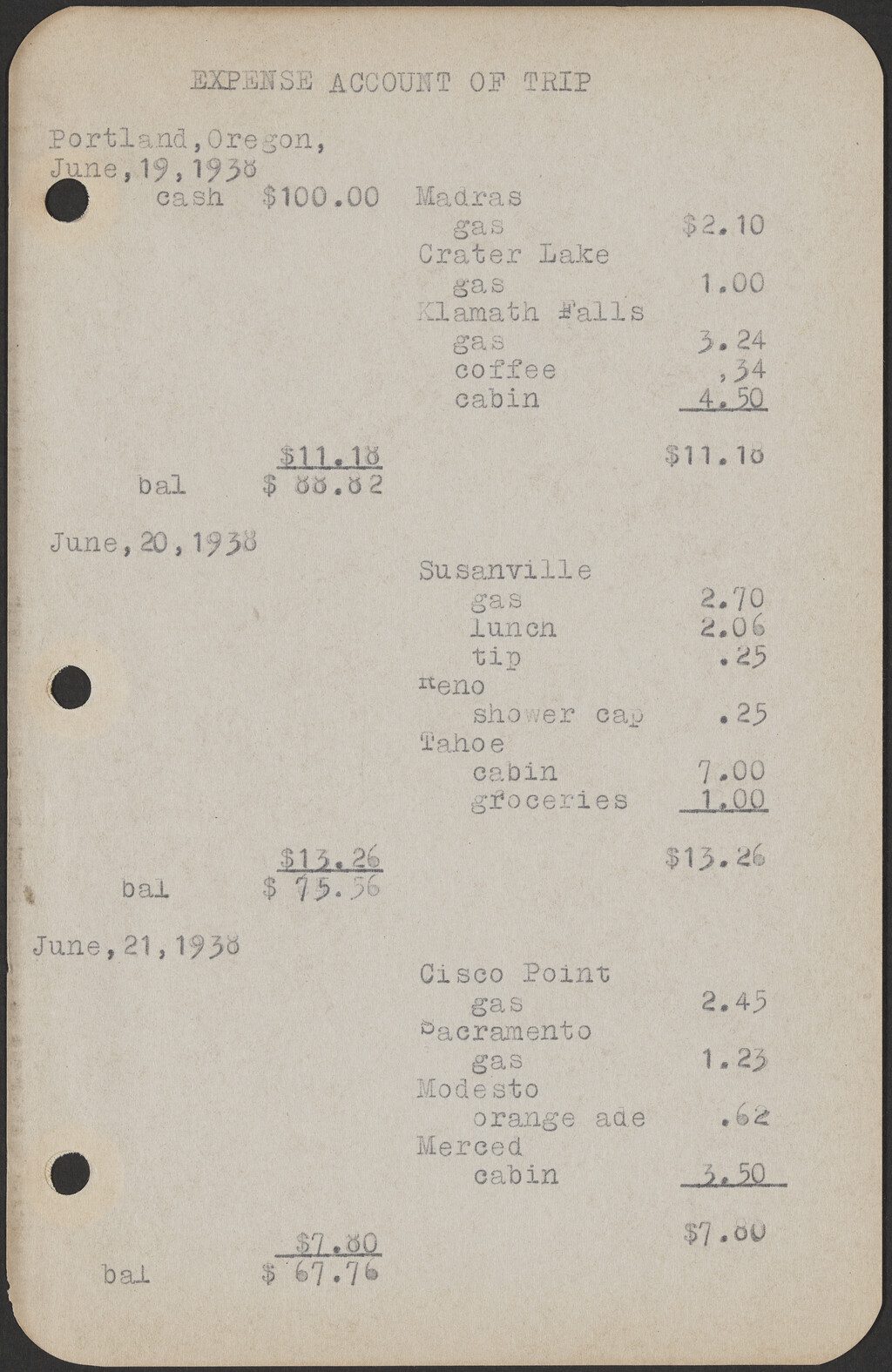 A page detailing expenses for the days June 19 - June 21 through Oregon and Northern California.