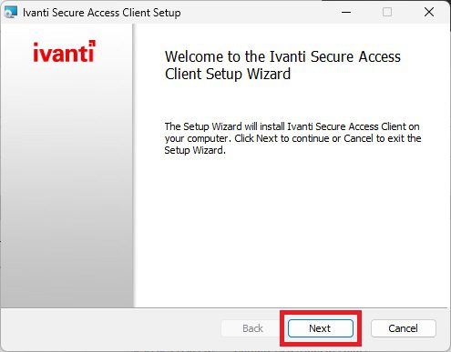 Ivanti Secure Access Client Setup Wizard welcome screen with the Next button highlighted