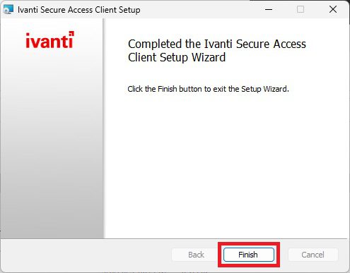 Setup Wizard showing 'Completed the Ivanti Secure Access Client Setup Wizard' with the Finish button highlighted.