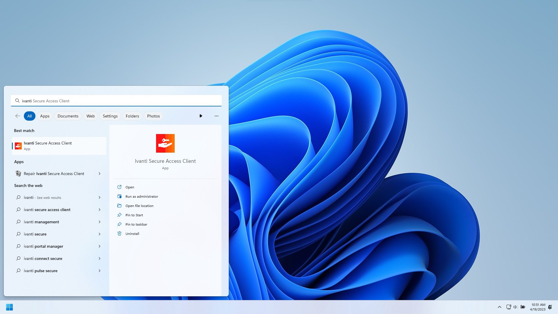 Windows Start Menu with 'Ivanti Secure Access Client' typed in the search bar, showing the app as the Best Match result.
