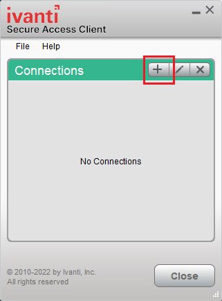 Ivanti Access Client window showing the Connections panel with the plus (+) button highlighted to add a new connection.