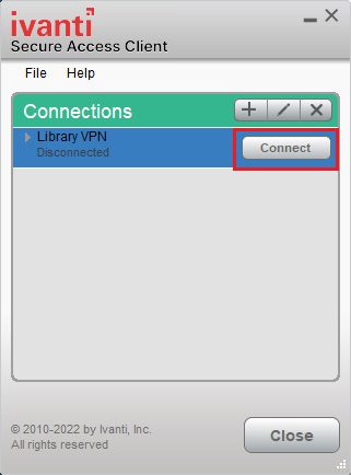Ivanti Access Client showing 'Library VPN' listed as Disconnected in the Connections panel, with the Connect button highlighted.