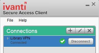 vanti Access Client Connections panel showing 'Library VPN' with status 'Connected' and a green checkmark.