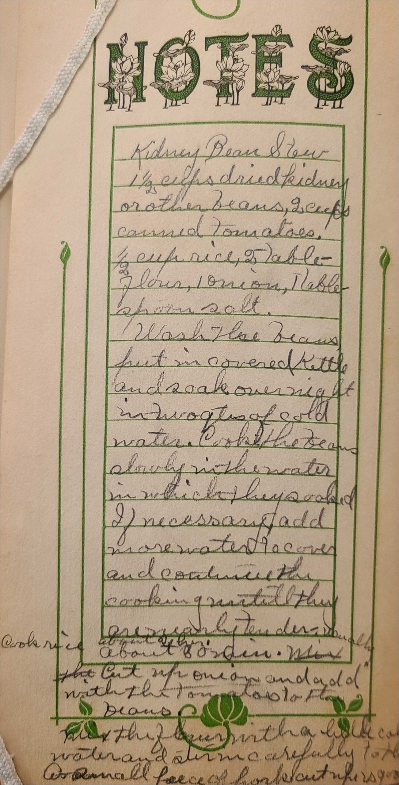 A recipe written inside a decorative green box with lines. The text overflows out of the box to the bottom of the page.