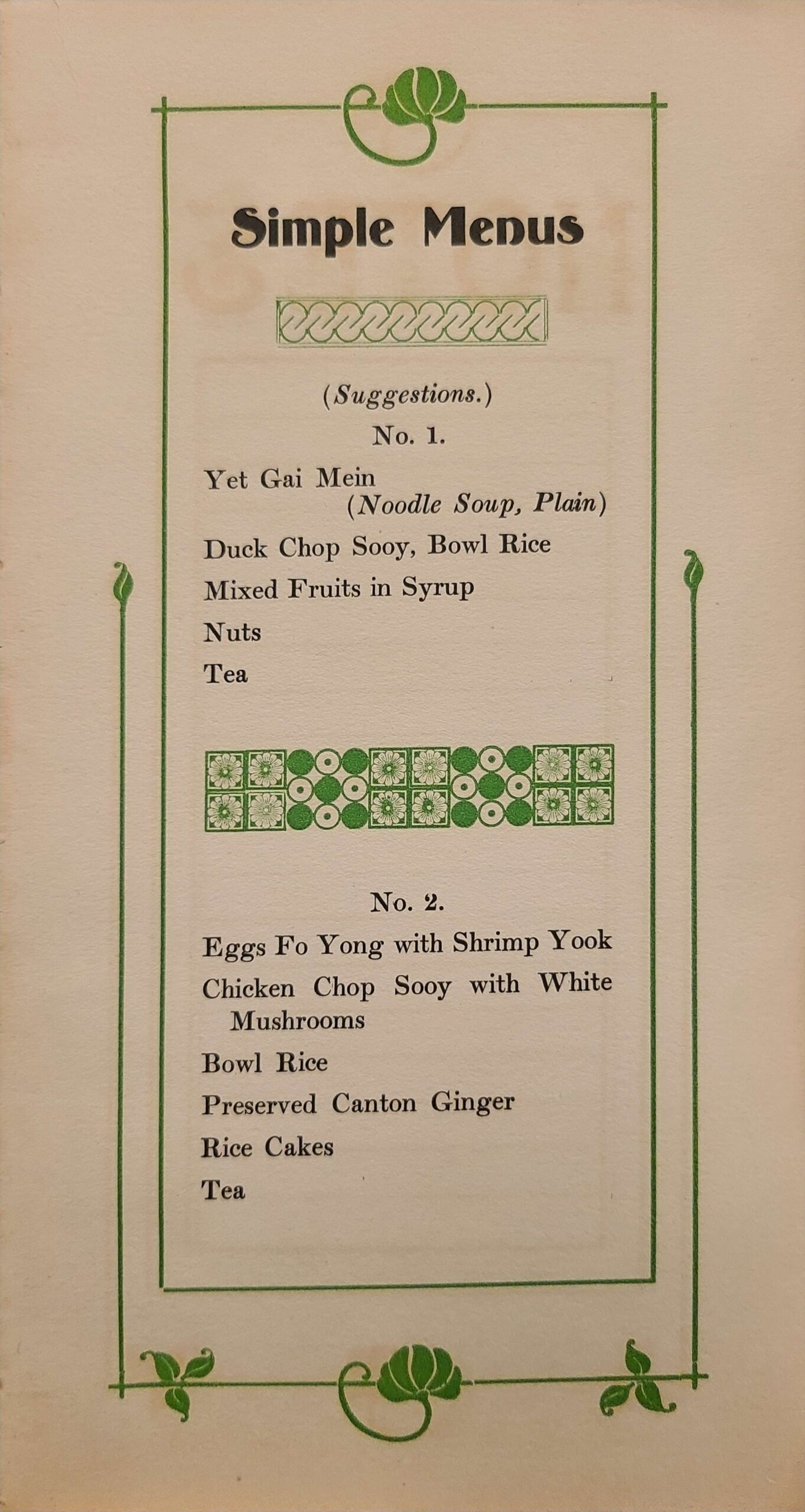 Sample menus in black text with a decorative green border.