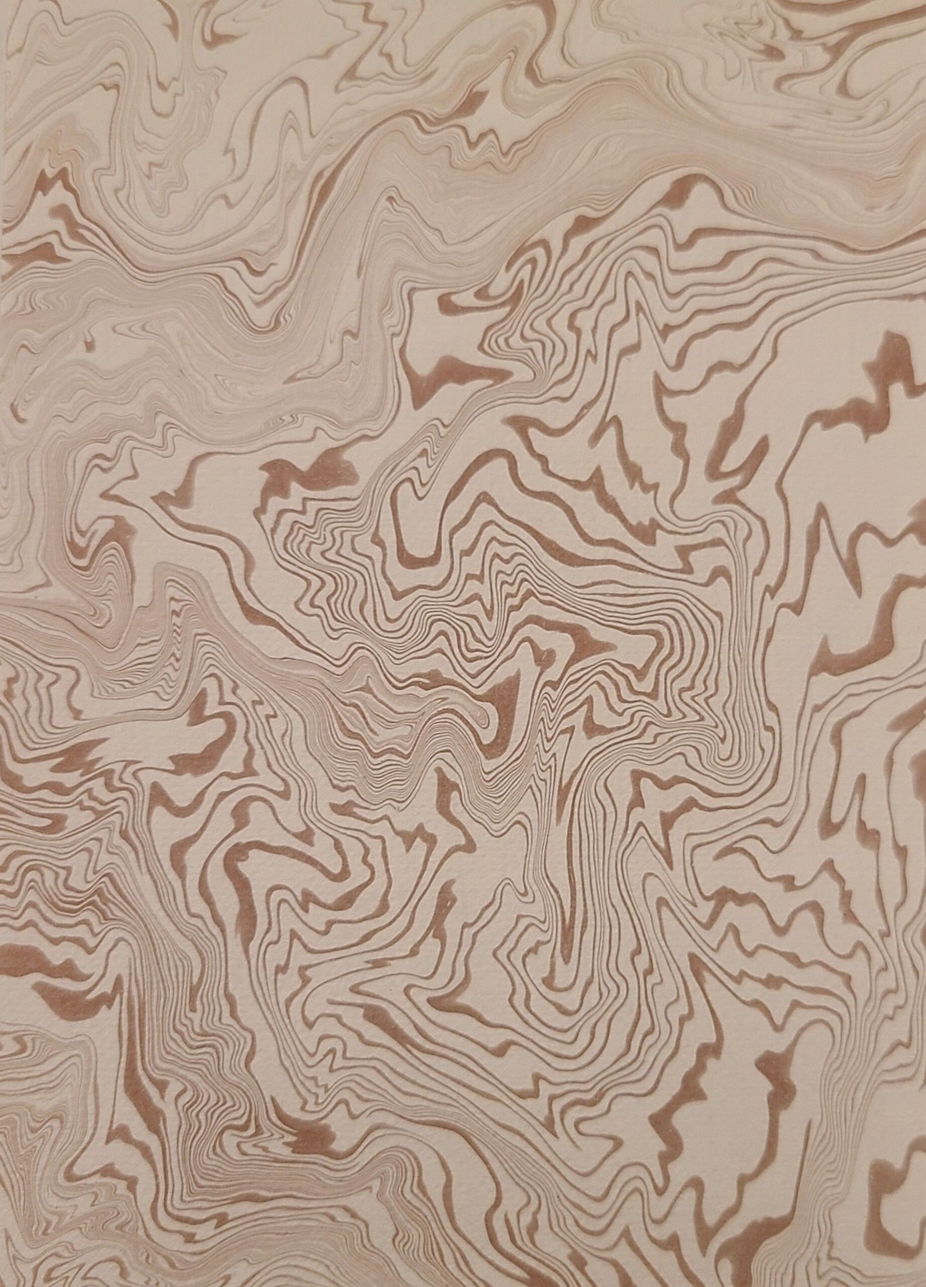 Abstract patterns in red ink on a tan background.