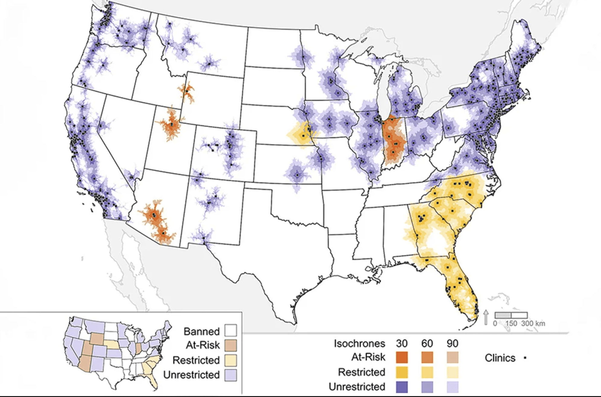 Color coding map of the United States shows driving distances from abortion clinics. 