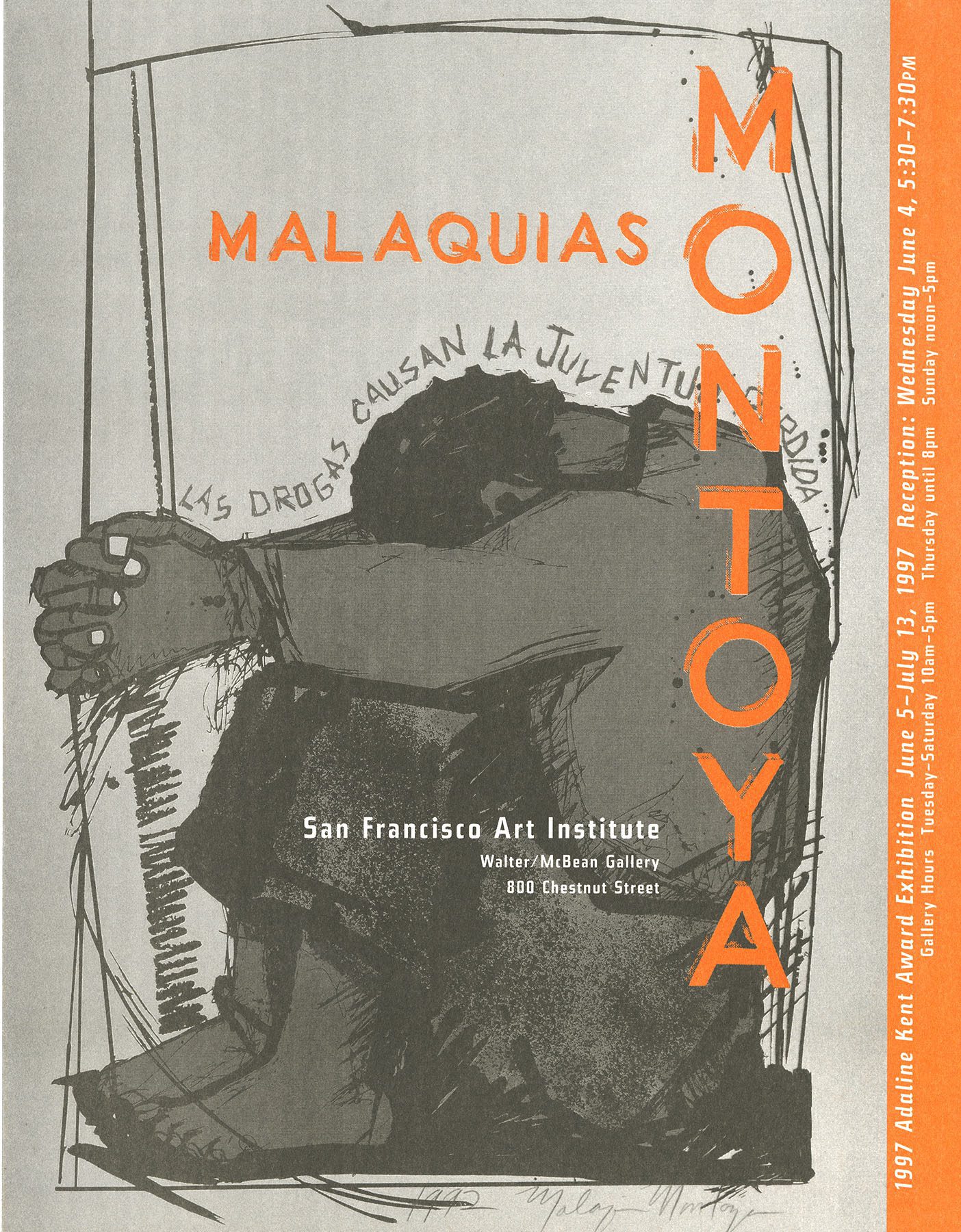 A program with artwork by Malaquias Montoya. The art depicts a man hunched over against a wall.