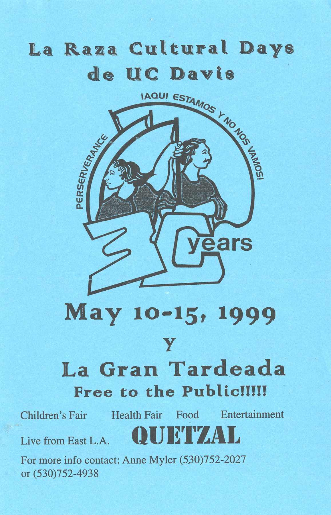 A blue poster with black text celebrating 30 years of La Raza.