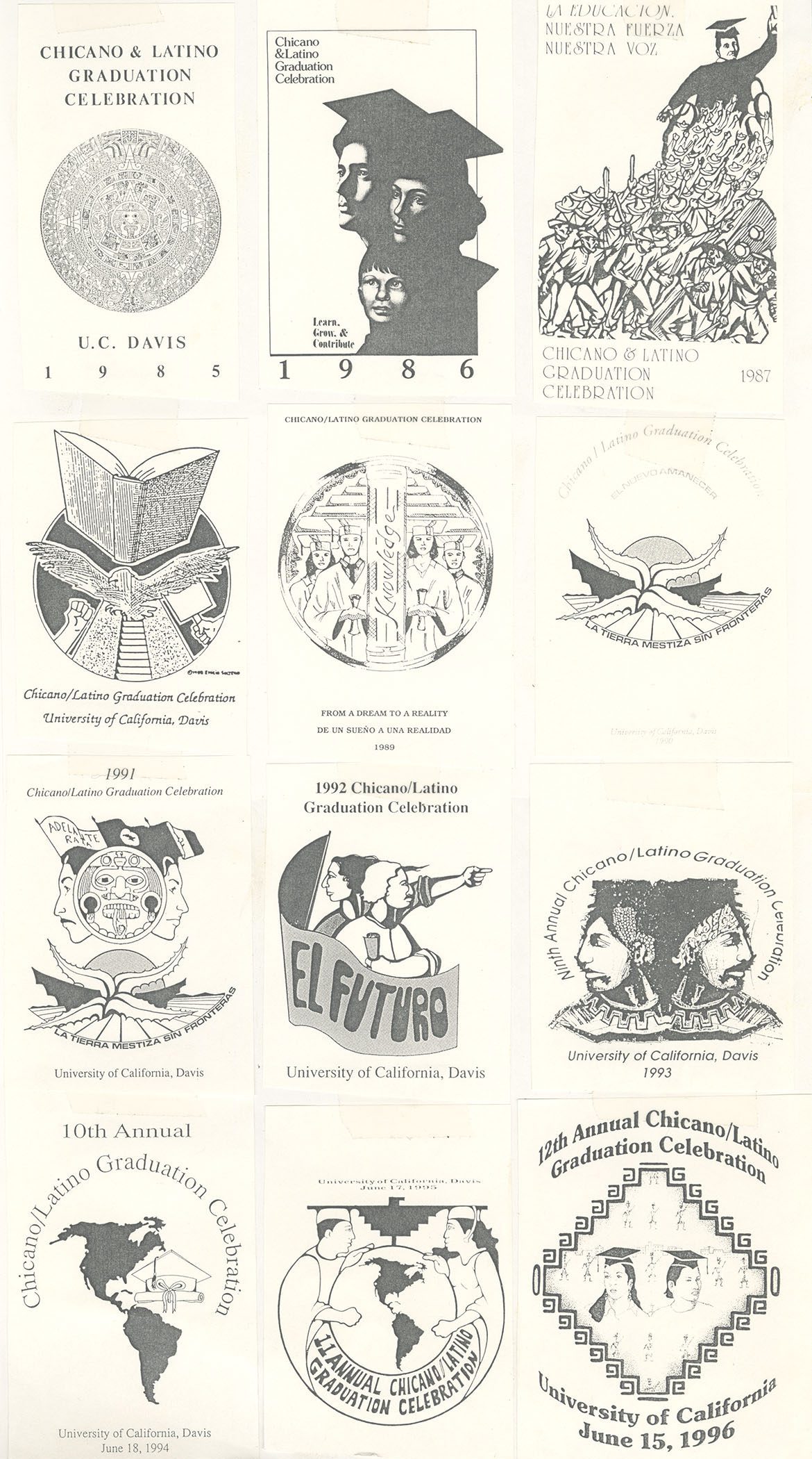 A collage of various designs for the Chicano/Latino Graduation celebrations at UC Davis.