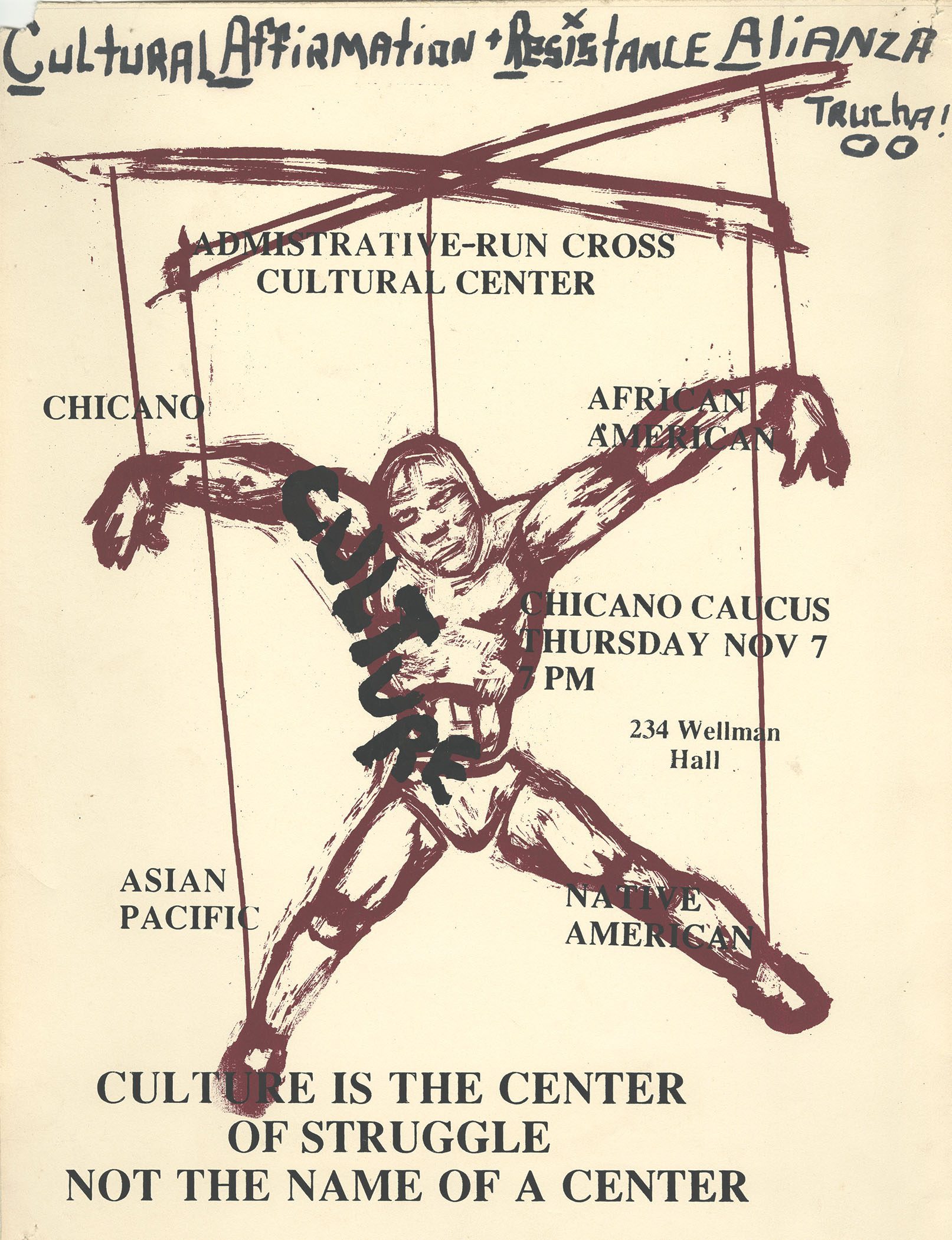 A poster with black text. A graphic of a red marionette overlays the words.