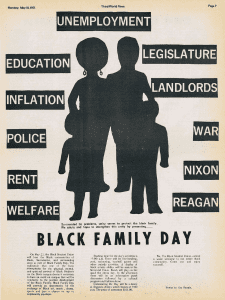 Cover of the Third World News student publication promoting Black Family Day. It features black illustrations of two adult silhouettes standing side‑by‑side, each with a child by their side. The silhouettes are surrounded by bold, capitalized words, such as unemployment, education, inflation, police, rent, welfare, legislature, landlords, war, Nixon, and Reagan. This issue is dated May 10, 1971.