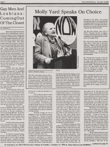 Short column by Robert S. Sronce on March 14, 1990 titled "Molly Yard Speaks On Choice." There is a photograph featuring Molly Yard, president of the National Organization for Women (NOW), giving a speech at a podium after the showing of the film Abortion Denied: Shattering Young Women's Lives.